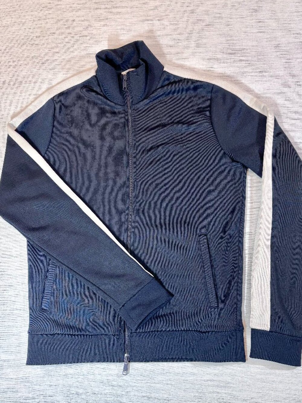 Vince Men's Navy Track Jacket | Silky Soft Luxe Sheen | Cream Side Stripe